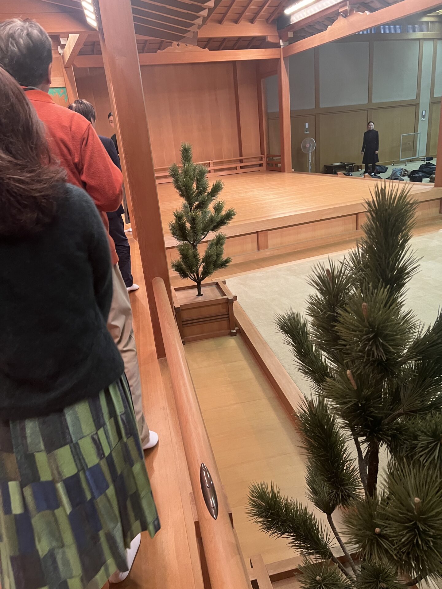Watching from the hashigakari (bridgeway) area of a traditional Japanese Noh theater stage, with small pine trees lining the walkway and a performer standing near the main stage
